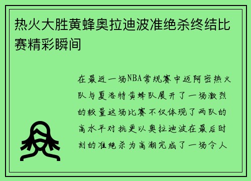 热火大胜黄蜂奥拉迪波准绝杀终结比赛精彩瞬间