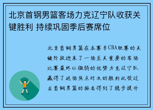 北京首钢男篮客场力克辽宁队收获关键胜利 持续巩固季后赛席位