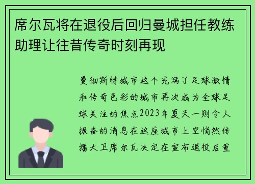 席尔瓦将在退役后回归曼城担任教练助理让往昔传奇时刻再现